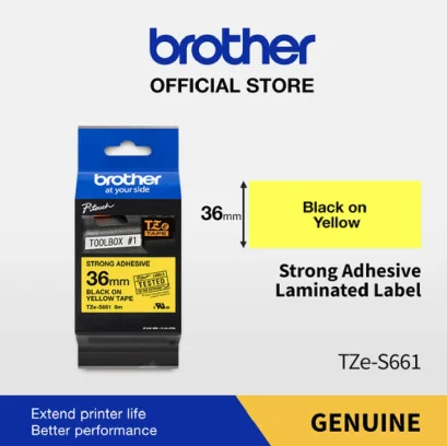 Brother TZE-S661 เทปพิมพ์อักษรแบบติดแน่นพิเศษ ขนาด 36 มม. (ดำ/เหลือง) แบบเคลือบพลาสติก ของแท้ รับประกันศูนย์