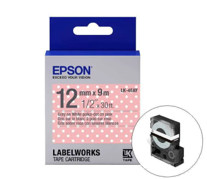 Epson LK-4EAY Gray on PolkaDot Pink Tape (C53S654512) เทปพิมพ์อักษร ฉลาก 12 mm. ของแท้ รับประกันศูนย์