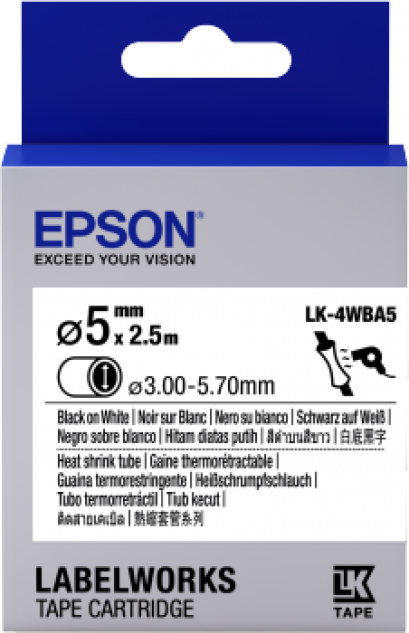 Epson LK-4WBA5 Black on White HT SHRINK DIA.5 (C53S657520) เทปมาร์คสายไฟ ท่อหดความร้อน 5 mm. x 2.5 m. ของแท้ รับประกันศูนย์