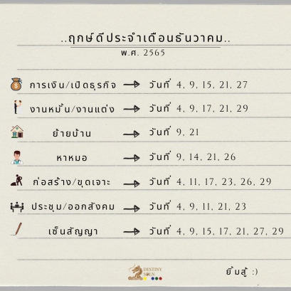 ฤกษ์ดีประจำเดือน ธันวาคม 2565