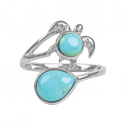 Blue Turquoise Rhodium Over Sterling Silver Turtle Ring