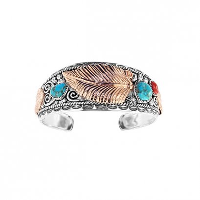 925 Sterling Silver Bangle with Turquoise and Compressed Red Coral