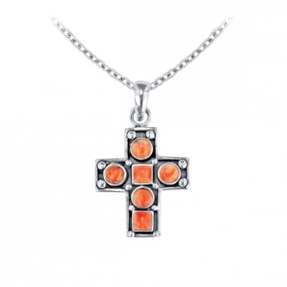 925 Sterling Silver Pendant with Orange Coral and White Topaz