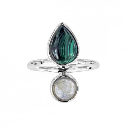 925 Sterling Silver Ring with Azura Malachite and Rainbow Moonstone