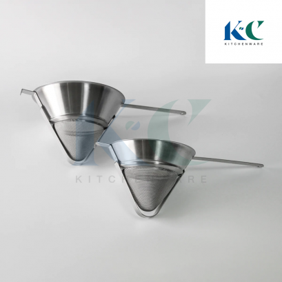 กระชอนสแตนเลสทรงแหลม เสริมขอบหนา-ตาถี่ Bouilion Strainers
