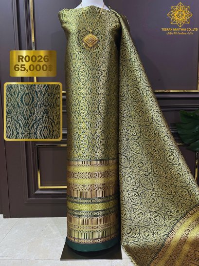 ผ้าไหมยกดอกลำพูนสีเขียวสำหรับตัดชุดไทยศิวาลัย