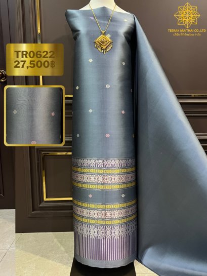 ผ้าไหมลำพูนยกดอกลอยสีเทา