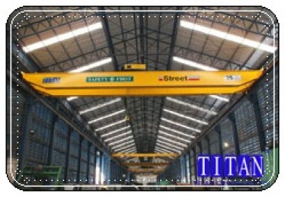 เครนเหนือศีรษะ แบบคานคู่ น้ำหนักยก 25 ตัน กว้าง 20 เมตร ยกสูง 10 เมตร รางวิ่งยาว 120 เมตร