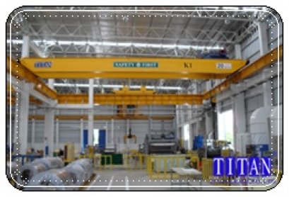 เครนเหนือศีรษะ แบบคานคู่ น้ำหนักยก 20 ตัน กว้าง 20 เมตร ระยะยกสูง 10 เมตร รางวิ่งยาว 52 เมตร