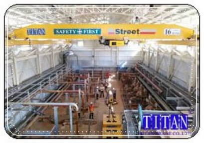 เครนเหนือศีรษะ แบบคานเดี่ยว น้ำหนักยก 16 ตัน กว้าง 14 เมตร ระยะยกสูง 8 เมตร รางวิ่งยาว 35 เมตร