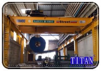 เครนเหนือศีรษะ แบบคานคู่ น้ำหนักยก 10 ตัน กว้าง 6 เมตร ยกสูง 8 เมตร รางวิ่งยาว 41 เมตร