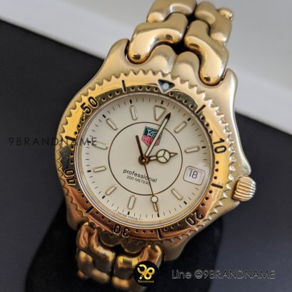 Tag heuer ⌚Fishbone King Size Stainless Steel Gold Plated Dial Creem Quartz Sapphire Crystal 200Meters หน้าครีม3ชั้น สายก้างปลาชุบทองเงาสลับด้าน