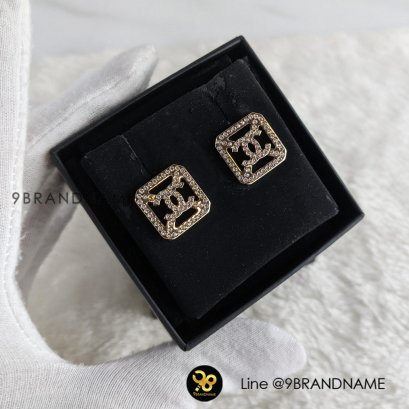New Chanel Crystal Square CC Earrings Gold Pink Steel