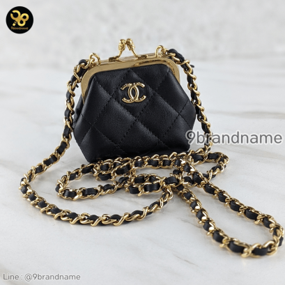 Chanel Lambskin Quilted Mini Kiss Lock Clutch With Chain Black