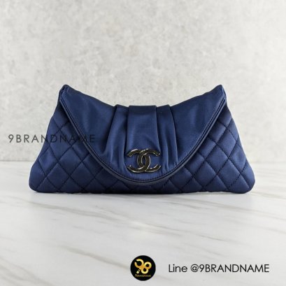 Chanel Navy Qulited Satin Clutch With Silver CC Closure