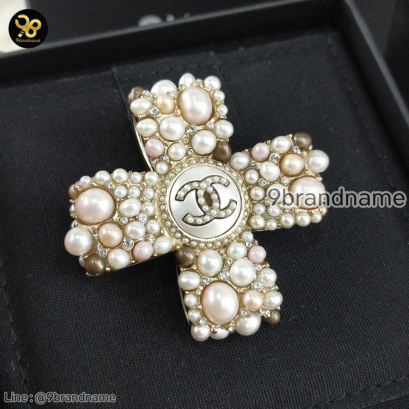 Chanel Pearl Crystal CC Cross Brooch Light Gold Pink