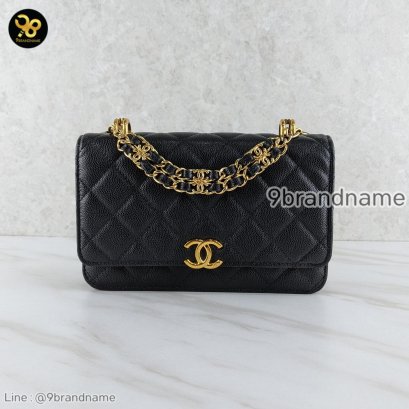 Chanel WOC Large Double Chain Black Grained Calfskin Leather Flap Bag GHW Crossbody Bag