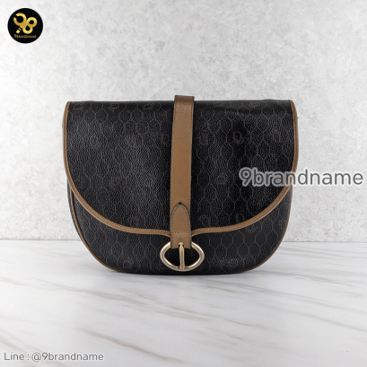 Christian Dior Halfmoon Flap Crossbody in Black/Tan Honeycomb Coated Canvas Vintage GHW