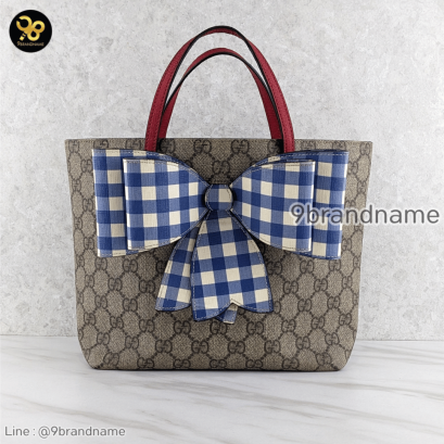 Gucci Kid Blue Gingham Bow Tote Canvas
