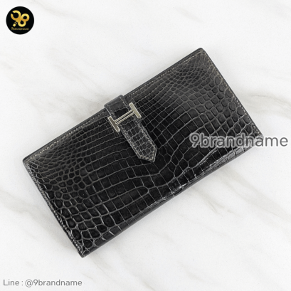 Hermes Ebene Crocodile Bearn Bifold Wallet Palladium Hardwareบแรนด์เนมมือสอง