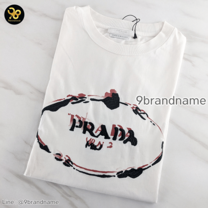 Prada Logo Embroidered T-Shirt Short Sleeve Crew Neck Cotton