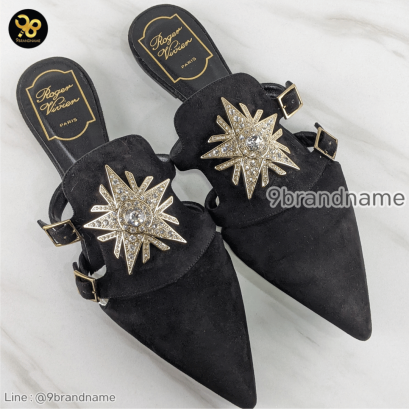 Roger Vivier Suede Mule Star Strass Velvet Black Crystal Mules