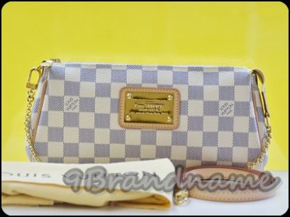 Louis Vuitton Pochette Eva Clutch Azur กระเป๋าสะพายไหล่ใบเล็ก พร้อมสายสะพายยาว crossbody ลายตารางสีขาว มือสอง สภาพดีค่า