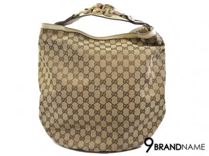 Gucci Tote กระเป๋าสะพายไหล่ ผ้าลายโลโก้กุชชี ขอบหนังสีครีม ก้นโค้ง ขนาดปรมาณ LV Deightful MM ค่า สภาพดี