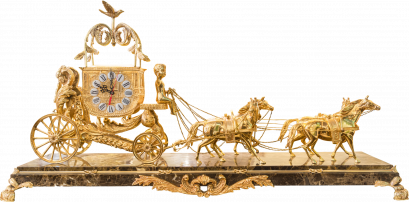 Luxury Four Horse-drawn Carriage Table Clock in Dark Emperador Marble Stand