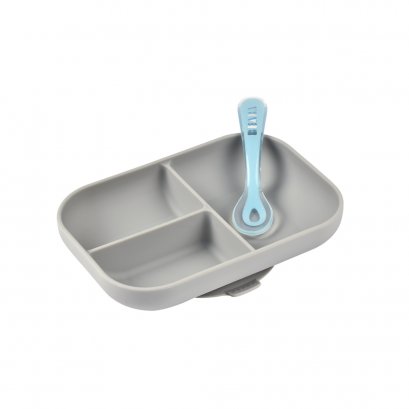Silicone Suction Divided Plate with Spoon - Grey