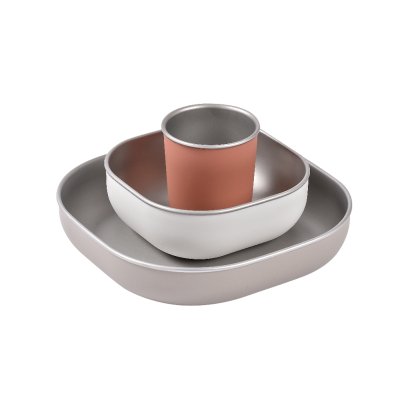 ชุดเซ็ทรับประทานอาหารสแตนเลสพร้อมปลอกซิลิโคน 3 ชิ้น BEABA Stainless Steel Microwaveable  Meal Set - Terracotta