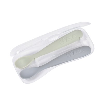 Set of 2 1st Age Silicone Spoons with Storage Case - Pebble / Green