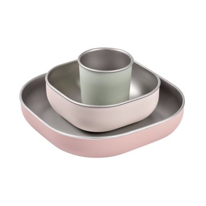 ชุดเซ็ทรับประทานอาหารสแตนเลสพร้อมปลอกซิลิโคน 3 ชิ้น BEABA Stainless Steel Microwaveable  Meal Set - Cotton Candy