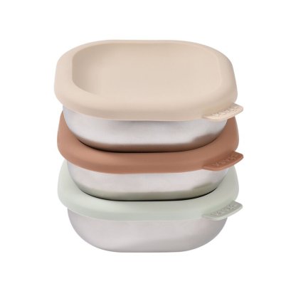 ชุดกล่องสแตนเลสพร้อมฝาซิลิโคน 3 ชิ้น BEABA Set of 3 Stainless Steel 250ml Meal Box - Natural