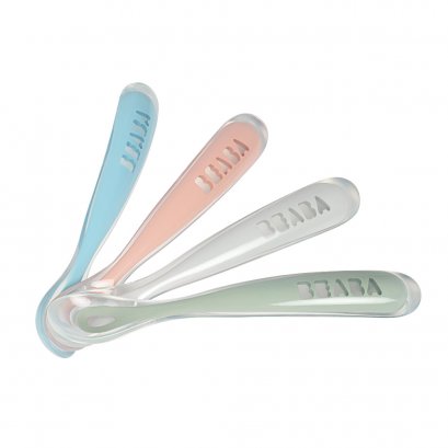 Set of 4 ergonomic 1st age Silicone Spoons  EUCALYPTUS (assorted colors Windy Blue / Eucalyptus / Mist Grey / Vintage Pink)