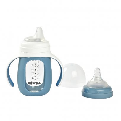 ขวดแก้วหัดดื่ม 2 in 1 Glass Learning Bottle 210 ml with Silicone Protective Sleeve - Windy Blue