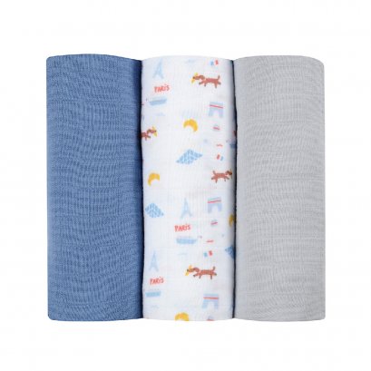 Pack of 3  Muslins Organic Cotton - Paris Blue