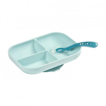Silicone Suction Divided Plate with Spoon- Blue
