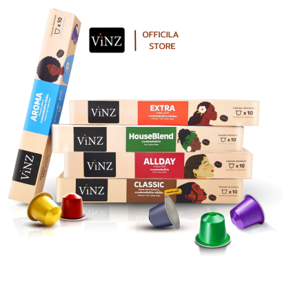 VINZ กาแฟแคปซูล แบบอลูมิเนียม มี 5 รสชาติ (10 แคปซูลต่อกล่อง) ใช้กับเครื่องระบบ Nespresso เท่านั้น  Coffee Capsule