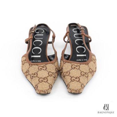 GUCCI GG SLINGBACK 34 BROWN GG CANVAS
