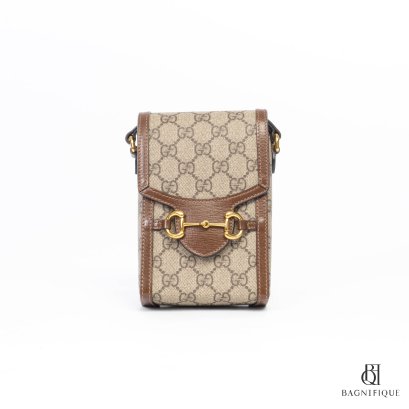 GUCCI HORSEBIT 1955 PHONE MINI BROWN GG MONOGRAM GHW