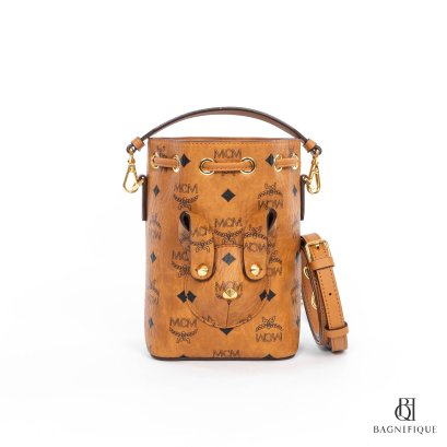 MCM BUCKET BAG MINI BROWN CANVAS GHW