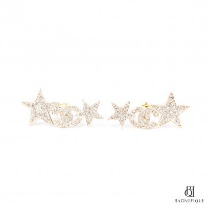 NEW CHANEL EARRING CC LOGO WITH STAR 1.5 CM GOLD CRYSTAL GHW