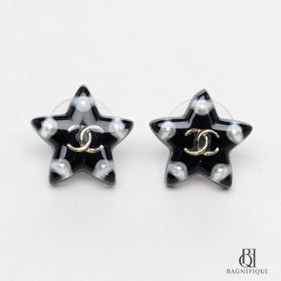 CHANEL EARRINGS LOGO STAR BLACK PEARL GHW