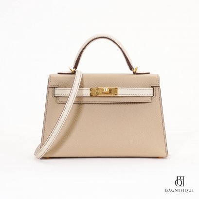 HERMES KELLY 20 BEIGE WHITE EPSOM GHW STAMP Z