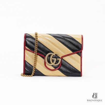 GUCCI MARMONT WOC 20 BLACK BEIGE RED CALF GHW