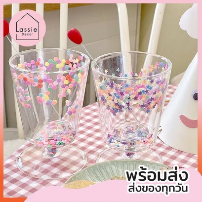 แก้ว2ชั้นกลิตเตอร์หลากสี-ทรงไวน์ มีหูจับ  LassieDecor