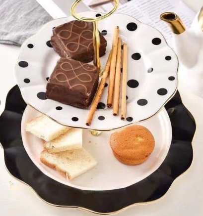 【พร้อมส่ง!】 จานขนม2ชั้นลายจุดขอบทอง