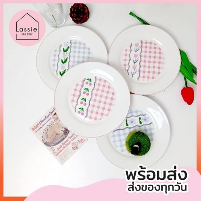 จานลายสก็อตอังกฤษ  จานกลม ขนาด 8 นิ้ว สไตล์คาเฟ่ ฟิลคุณหนู