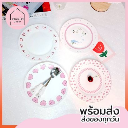 จานRosie Scot จานลายสก็อต หัวใจ ดอกไม้ สีชมพู LassieDecor
